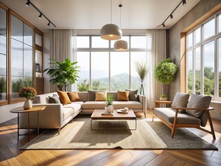 Fototapeta premium Modern Minimalist Living Room 3D Render: Spacious Interior Design with Natural Light