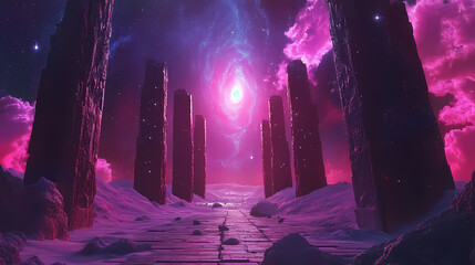 Celestial gateway: a vision of cosmic wonders. Cosmic Astral Temple. Illustration