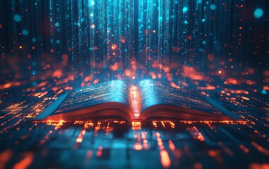 Naklejka premium Futuristic city landscape with vibrant data streams coming from an open book