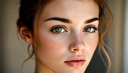 Fototapeta premium Two images of a young woman with green eyes and freckles.