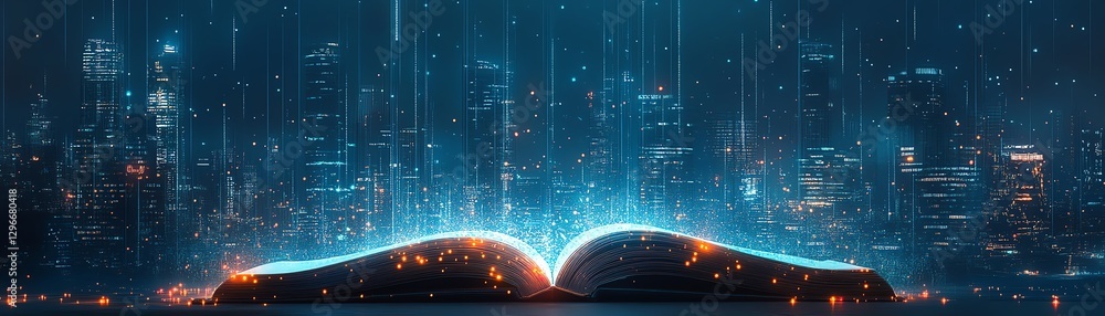 Poster futuristic data streams rising from an open book, city skyline in the background, digital knowledge 