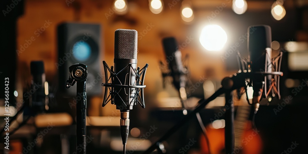 Poster a behind-the-scenes view of a podcast being recorded with multiple microphones and cameras