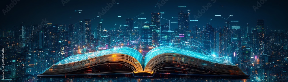Poster futuristic data streams rising from an open book, city skyline in the background, digital knowledge 