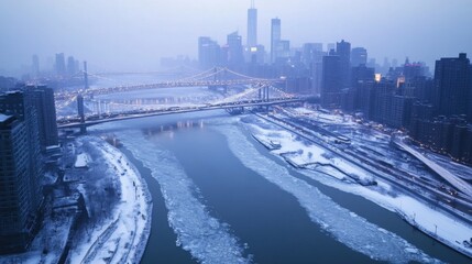 Fototapeta premium Icy river winding through a snowy modern city, with bridges and skyscrapers in the distance.