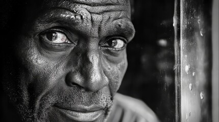 Close-up portrait of an elderly man gazing thoughtfully through a rain-speckled window