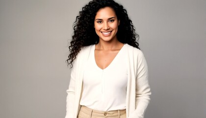 woman wearing beige pants and cardigan.