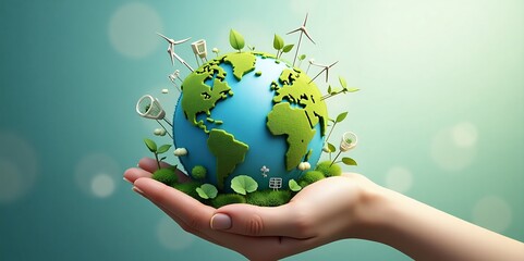 Planet earth in hand with Green power symbols, alternative ecological energy 3D vector poster, wind turbine, solar panel 
