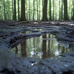 Fototapeta premium Forest puddle reflection, woodland, tranquil scene, water reflection
