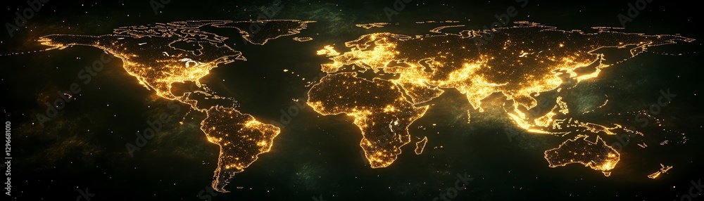 Poster glowing world map with interconnected futuristic nodes, dark spaceinspired background, worldwide com
