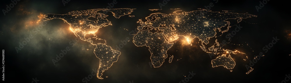 Poster glowing world map with interconnected futuristic nodes, dark spaceinspired background, worldwide com