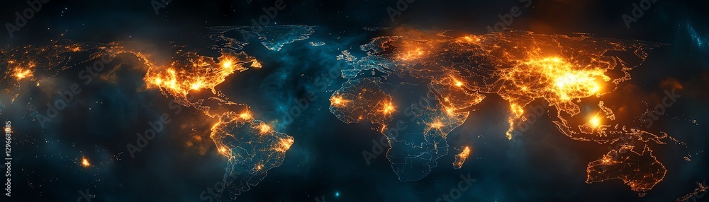 Poster glowing world map with interconnected futuristic nodes, dark spaceinspired background, worldwide com