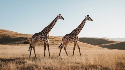 Obraz premium A pair of giraffes walking through a dry grassy field under a clear sky