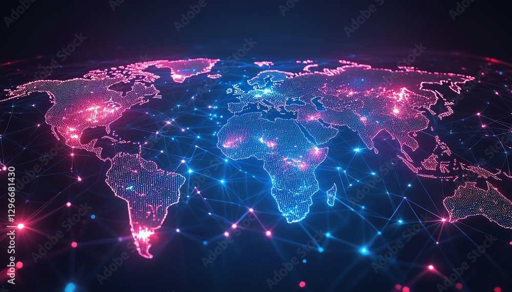 Poster neonlit world map showcasing global networking, interconnected nodes, futuristic technology concept,