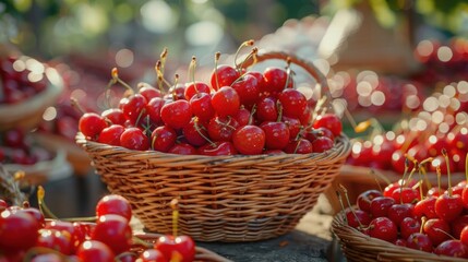Fresh Red Cherries in a Wicker Basket at a Farmers Market