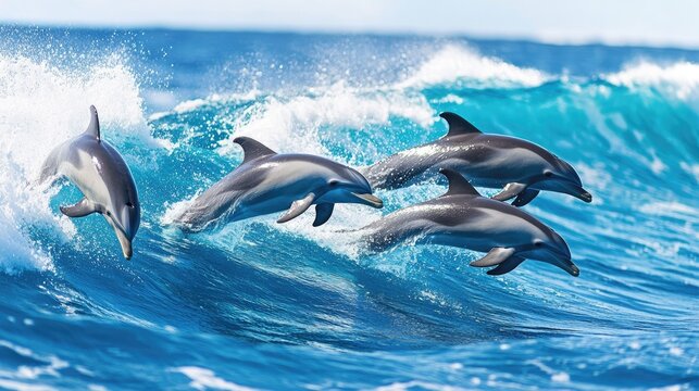 A pod of dolphins creating ripples as they ride a massive ocean swell