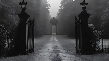 Naklejka premium Misty Pathway Through Ornate Gate Leading to Forest Arch