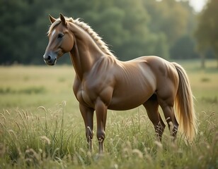 Obraz premium Majestic Horse Standing Calmly in Grassy Field on a Sunny Day
