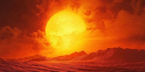 Fototapeta premium A blazing orange sunset over a desert landscape, with the sun partially hidden behind dunes.