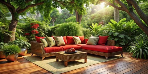 Obraz premium Modern Red Wicker Patio Sofa Under Lush Green Tree - Backyard Oasis Stock Photo