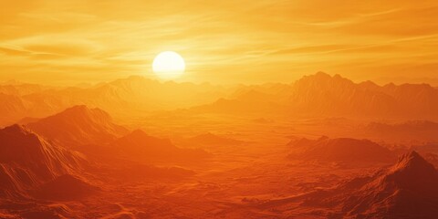 A blazing orange sunset over a desert landscape, with the sun partially hidden behind dunes.