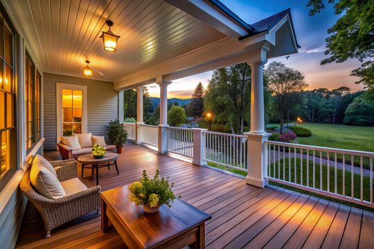Modern Saltbox Porch with Minimalist Railings and Outdoor Lighting - High-Resolution Stock Photo