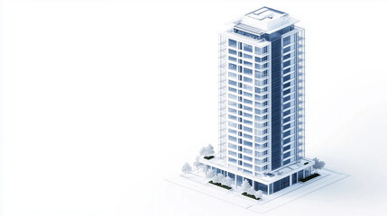 An elegant isometric apartment skyscraper rendered in a detailed white and blue blueprint design, rising dramatically against a white background