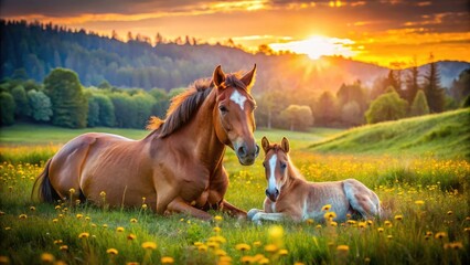 Obraz premium Long Exposure Meadow Mare Foal Sunset Photography - Nature Animal Image