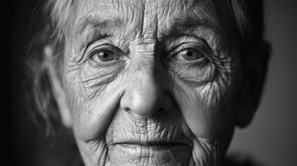 Fototapeta premium Close-up portrait of an elderly woman with deep wrinkles, showcasing her expressive eyes and serene demeanor