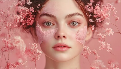 Woman, pink mask, flowers, beauty, studio