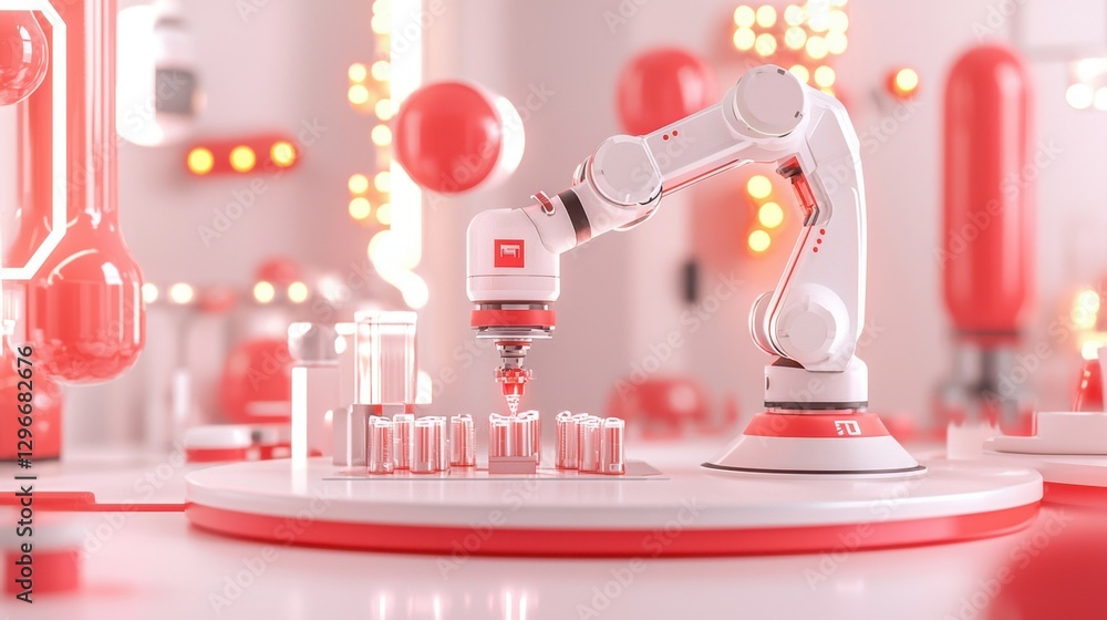 Poster futuristic robotic arm in modern laboratory setting with red and white accents performing precision 