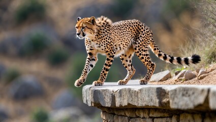 A majestic cheetah gracefully walking along a rocky edge in a natural habitat, showcasing its distinctive spots and athletic form against a blurred