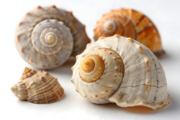 A close-up of several sea snail shells (whelk shells) arranged on a clean, white background. The shells have a rough, textured surface with natural shades of beige, brown, and orange