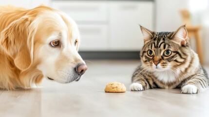 Focused Cat And Dog Glancing At A Single Cookie