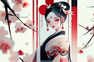 Fototapeta premium Elegant Geisha in Blossom - Traditional Japanese Anime Art