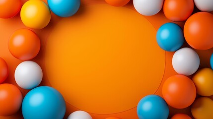 Colorful Spheres Arranged in Circular Frame on Orange Background