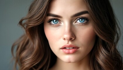 Obraz premium A close-up of a woman with blue eyes and wavy brown hair.