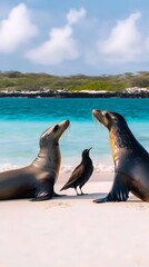 Naklejka premium Playful encounter of two sea lions and bird on sunny beach