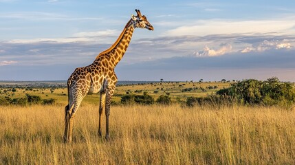 Fototapeta premium A tall giraffe looking out over a distant horizon with rolling fields of grass