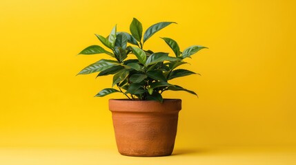 Fototapeta premium A tea plant in a rustic clay pot against a bright yellow background, emphasizing natural beauty