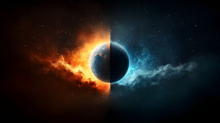 Two colossal alien planets colliding amidst a swirling cosmic maelstrom of fiery energy luminous nebulae and vast looming shadows in the depths of a fantastical otherworldly space  A mesmerizing