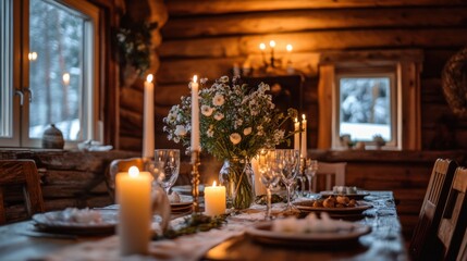 A charming Easter table set inside a cozy wooden cabin, decorated with