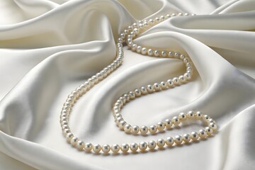 Fototapeta premium A close-up of a delicate pearl necklace resting on soft, flowing white silk fabric. The pearls have a subtle pinkish hue and a lustrous sheen, reflecting gentle light