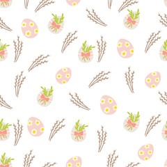 Seamless Easter pattern with decorated eggs, willow branches, and floral elements vector illustration