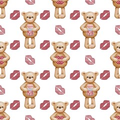 Seamless pattern on the St.Valentine’s day with watercolor Teddy Bear and checkered lips prints on a white background. Perfect for textile, fabric, wrapping, design paper, backdrop, wallpaper