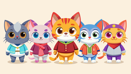 Cute Cartoon Kittens in Colorful Overalls and Construction Worker Hats, Kawaii Style

