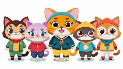 Cute Cartoon Kittens in Colorful Overalls and Construction Worker Hats, Kawaii Style

