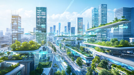 Obraz premium A futuristic cityscape with skyscrapers and buildings adorned in blue technology, with greenery on the roofs of some buildings 