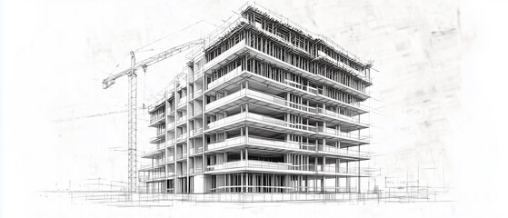 Architectural drawing of a skyscraper under construction, showing the precise architectural blueprint in grayscale