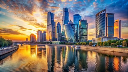 Fototapeta premium Moscow River Skyline: Modern Business District & Cityscape Panorama