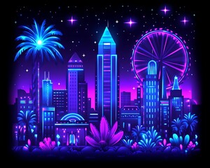 Fototapeta premium Neon city skyline at night illustration for background